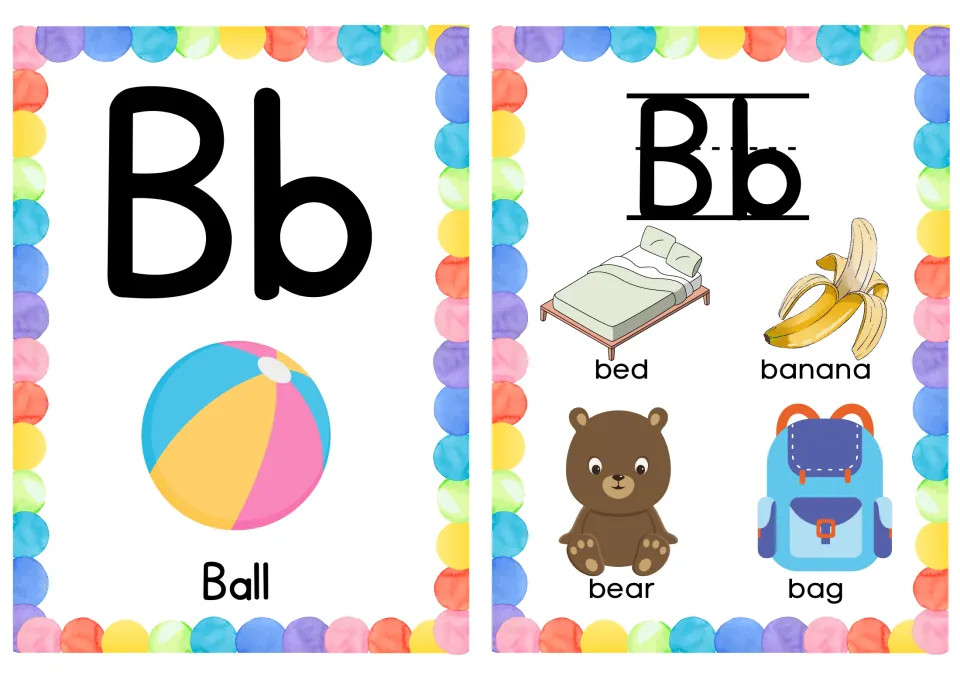 Letter Bb cards: a beach Ball card and a second card showing bed, banana, bear and bag to practise the /b/ sound