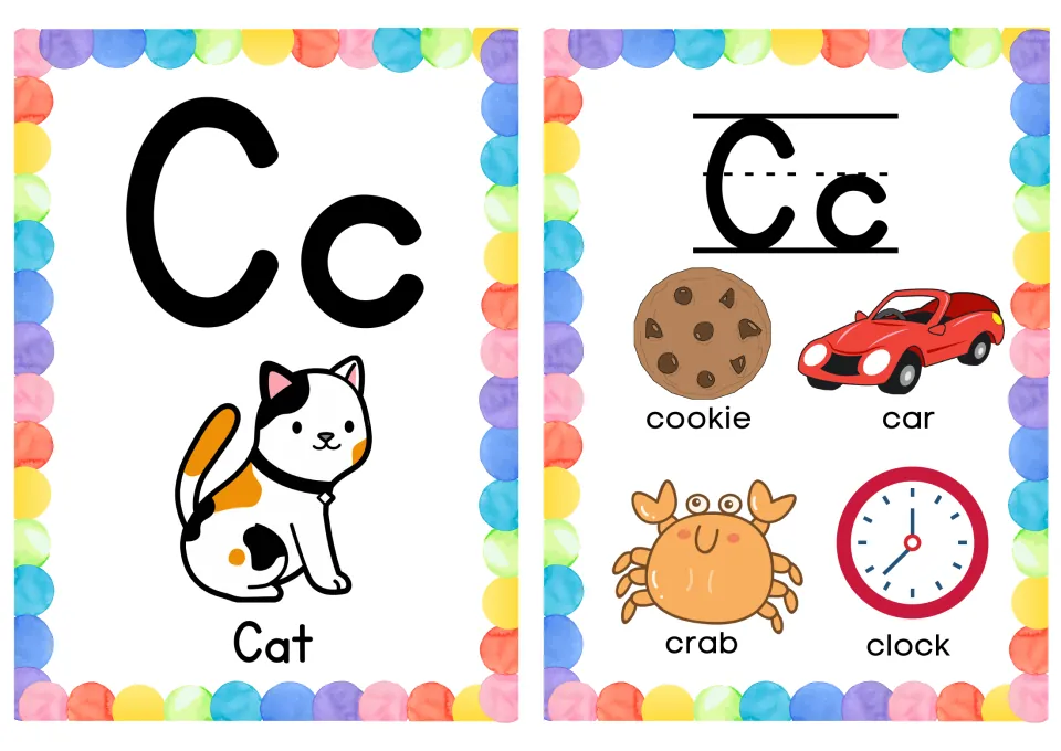 Letter Cc cards: a Cat card and a picture card of cookie, car, crab and clock for hearing the hard /k/ sound of c