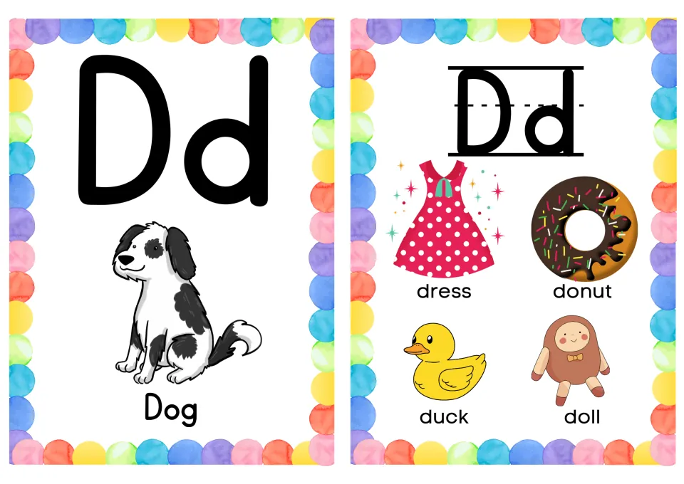 Letter Dd cards: a Dog card and a beginning-sound card picturing dress, donut, duck and doll, each starting with d