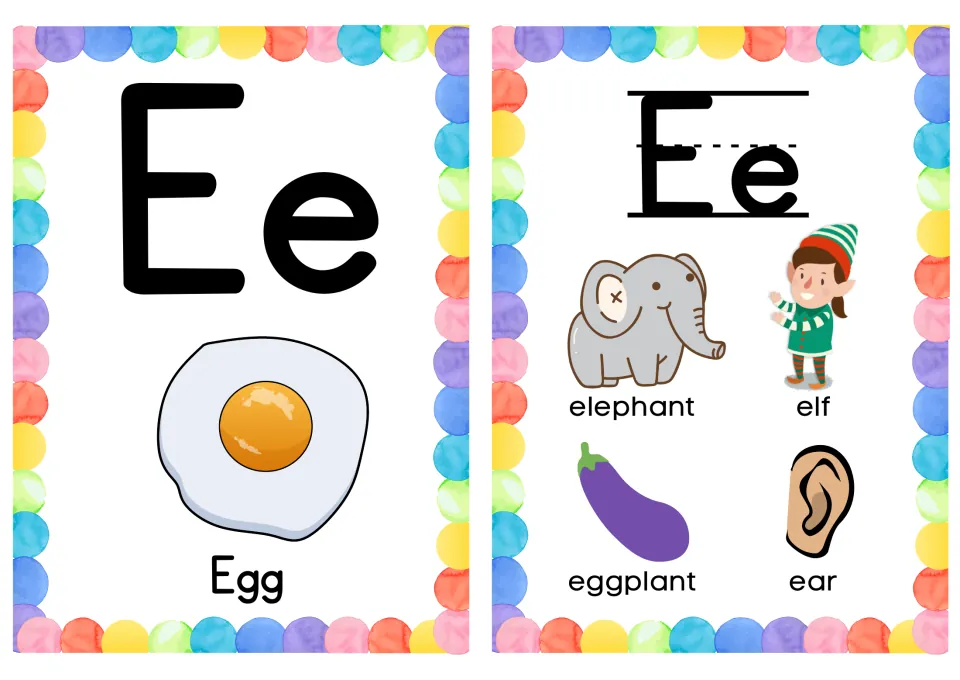 Letter Ee cards: an Egg card plus elephant, elf, eggplant and ear pictures for spotting words that begin with e