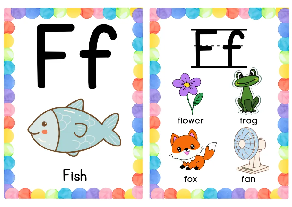 Letter Ff cards: a Fish card and a second card with flower, frog, fox and fan to help children isolate the /f/ sound