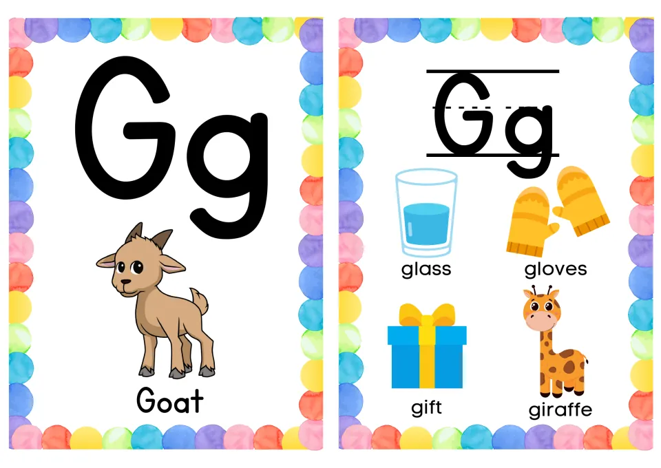 Letter Gg cards: a Goat card and labeled pictures of glass, gloves, gift and giraffe for words beginning with the letter g