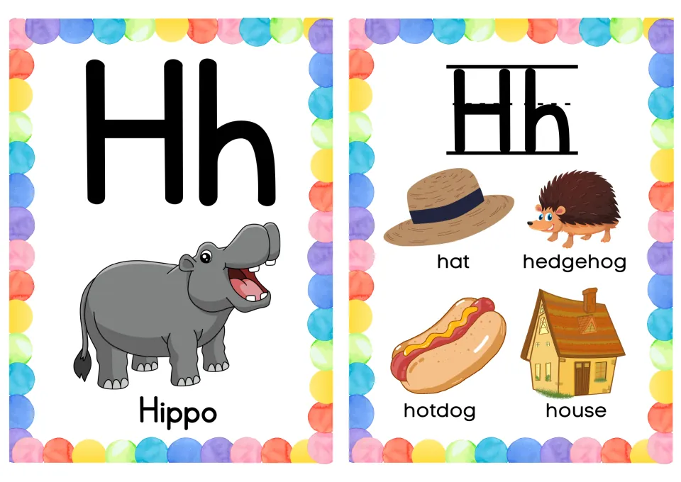 Letter Hh cards: a Hippo card and a card naming hat, hedgehog, hotdog and house to connect the letter h to its sound