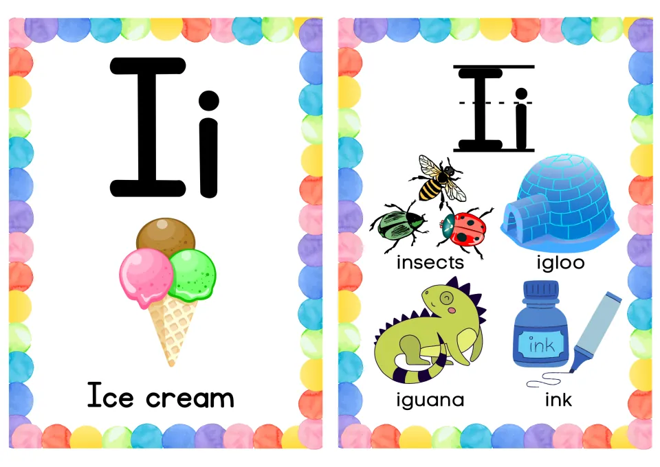 Letter Ii cards: an Ice cream card plus insects, igloo, iguana and ink pictures for identifying words that start with i