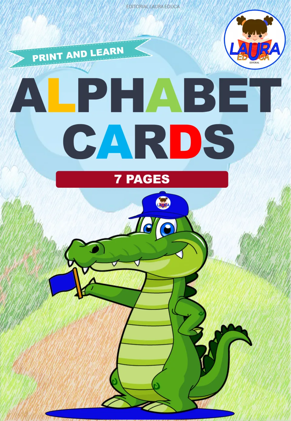 Cover of the alphabet flashcard set, labeled 'Print and Learn', 'Alphabet Cards', and '7 Pages'.