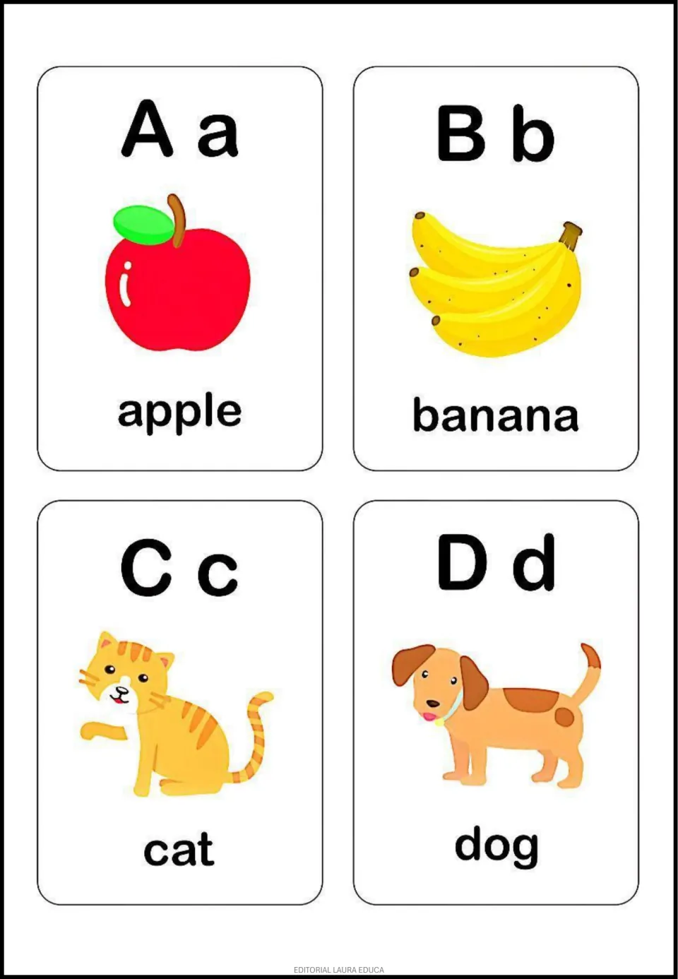 Alphabet flashcards A–D pair uppercase and lowercase letters with pictures labeled apple, banana, cat, and dog.