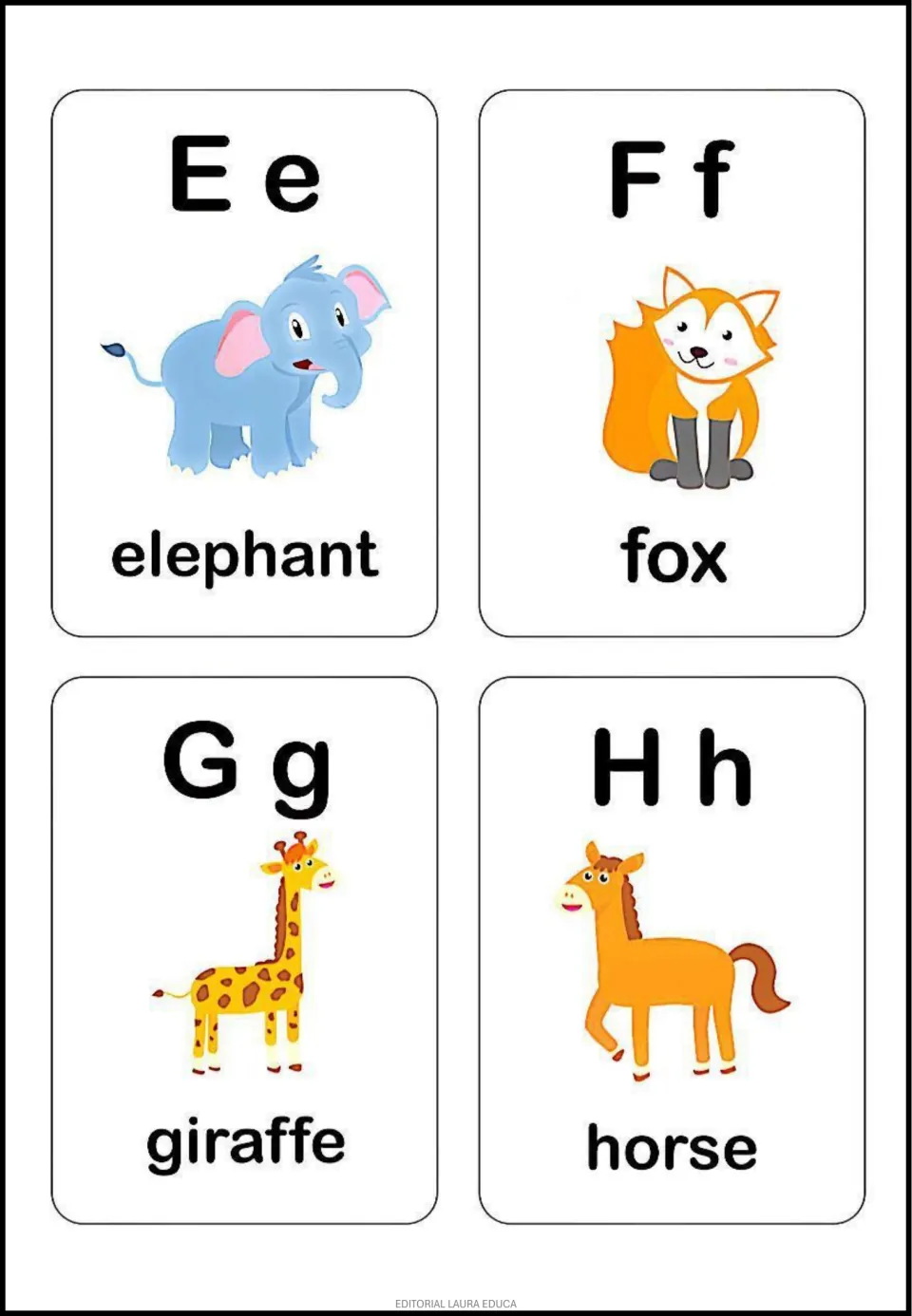 Alphabet flashcards E–H show uppercase and lowercase letters and pictures labeled elephant, fox, giraffe, and horse.