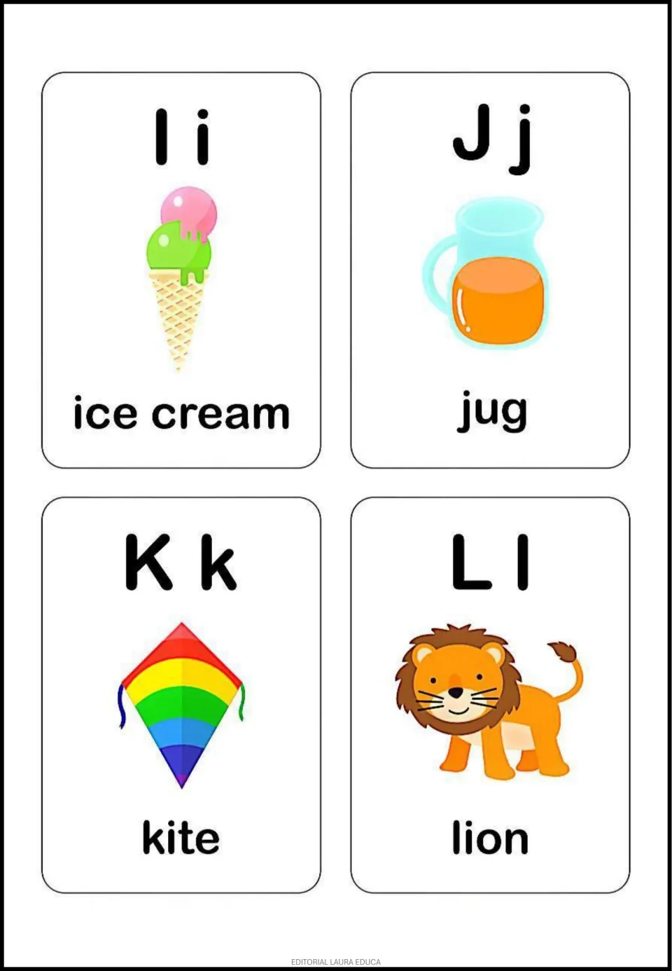 Alphabet flashcards I–L pair uppercase and lowercase letters with pictures labeled ice cream, jug, kite, and lion.