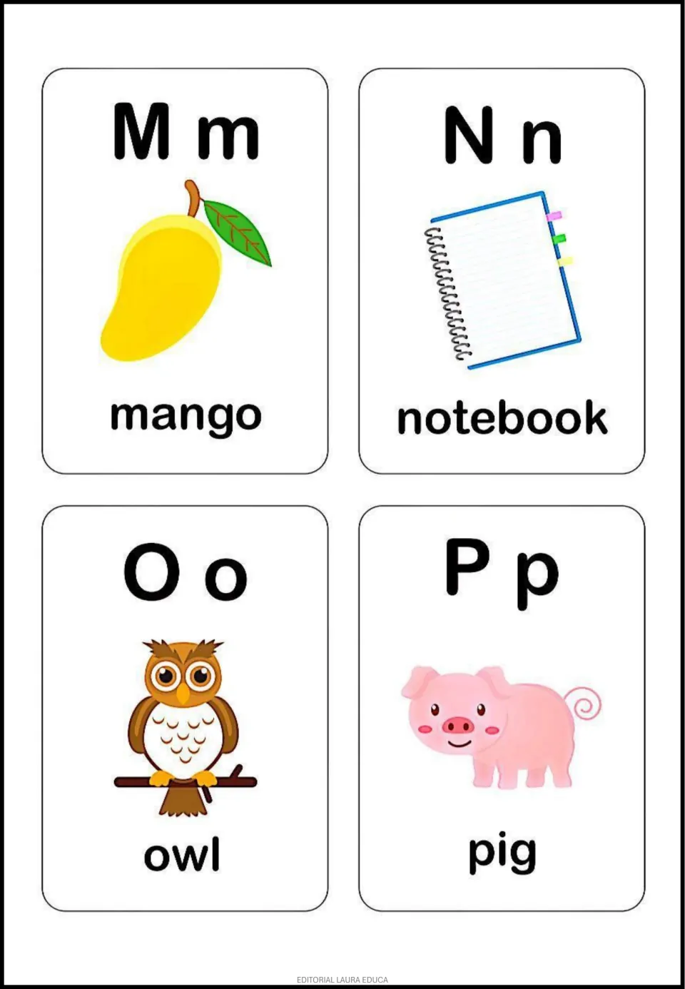 Alphabet flashcards M–P pair uppercase and lowercase letters with pictures labeled mango, notebook, owl, and pig.