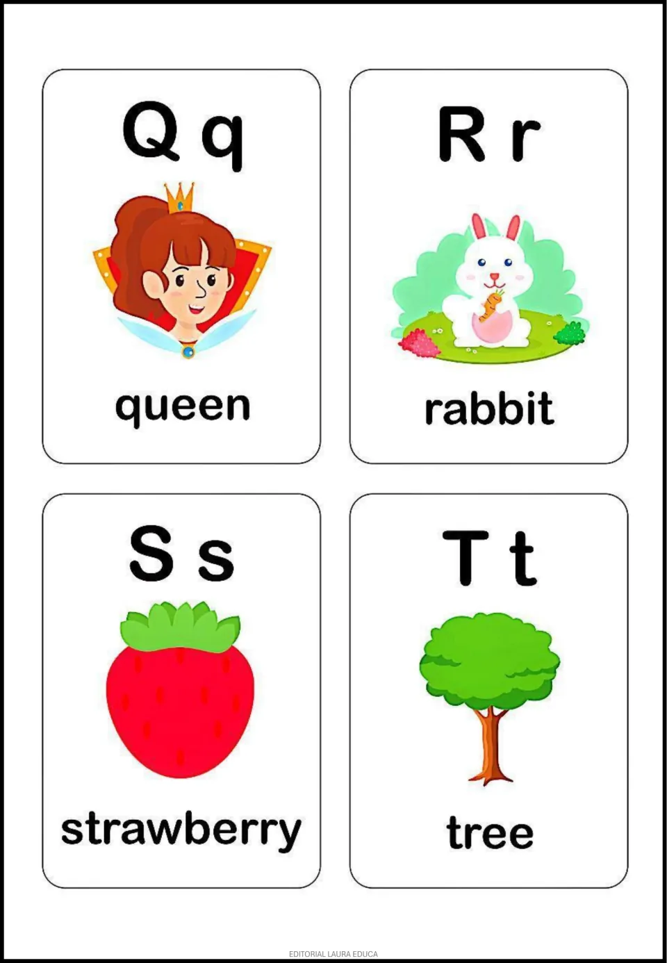 Alphabet flashcards Q–T show uppercase and lowercase letters and pictures labeled queen, rabbit, strawberry, and tree.
