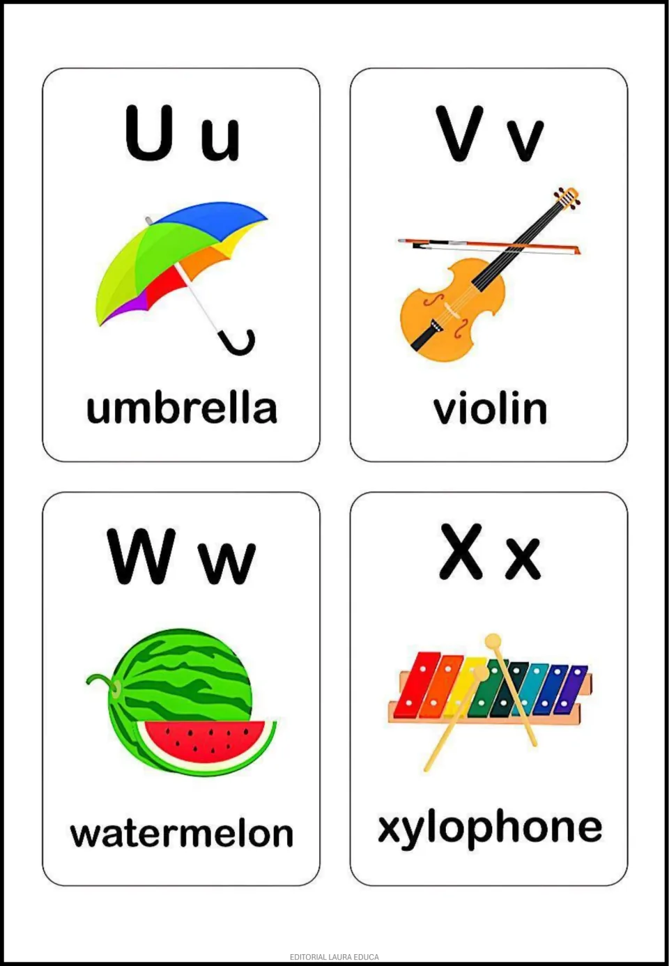 Alphabet flashcards U–X show letter pairs Uu, Vv, Ww, and Xx with pictures of umbrella, violin, watermelon, and xylophone.