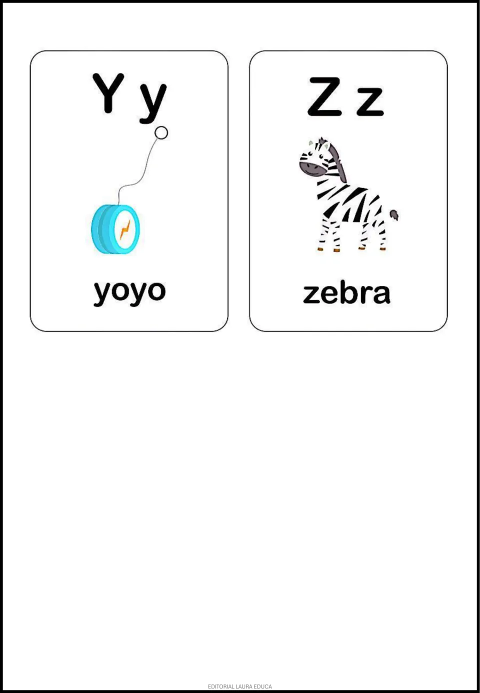Final alphabet flashcards Y and Z pair uppercase and lowercase letters with pictures labeled 'yoyo' and 'zebra'.