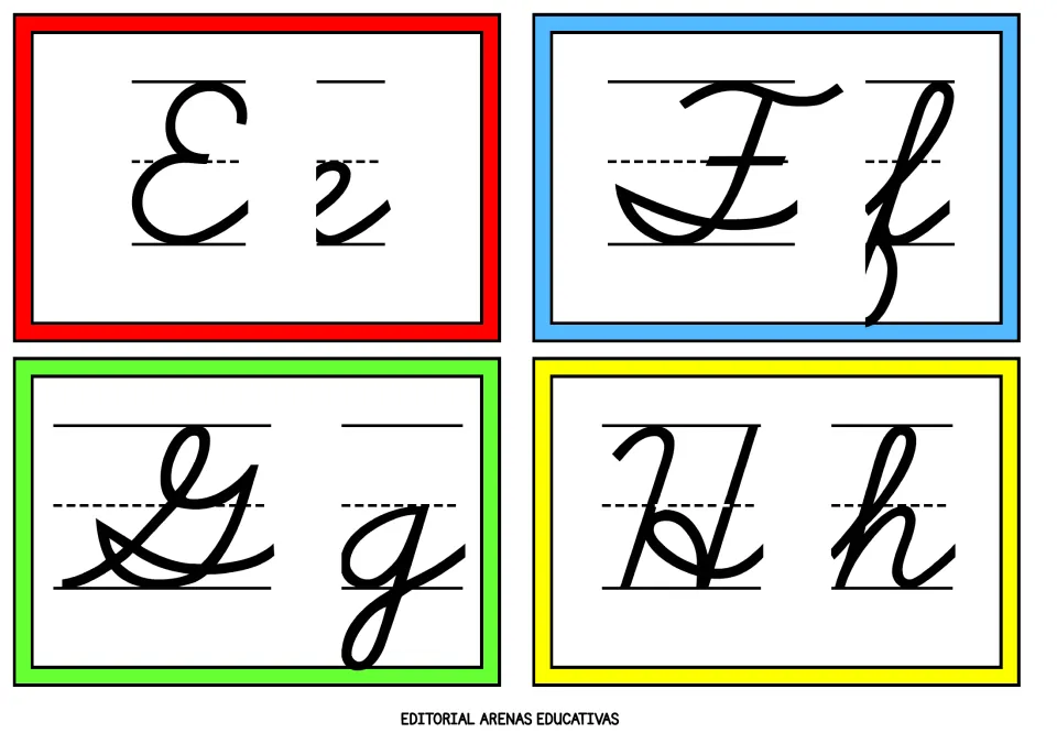 Cursive alphabet flashcards 5–8 of 26: uppercase and lowercase E, F, G, and H for writing reference