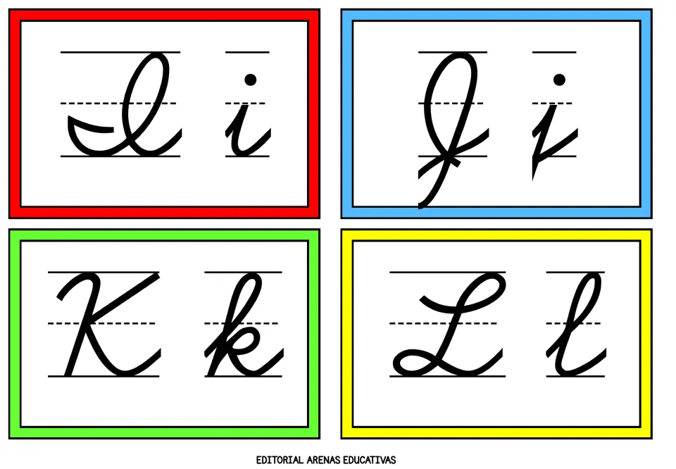 Cursive alphabet flashcards 9–12 of 26: uppercase and lowercase I, J, K, and L for writing reference