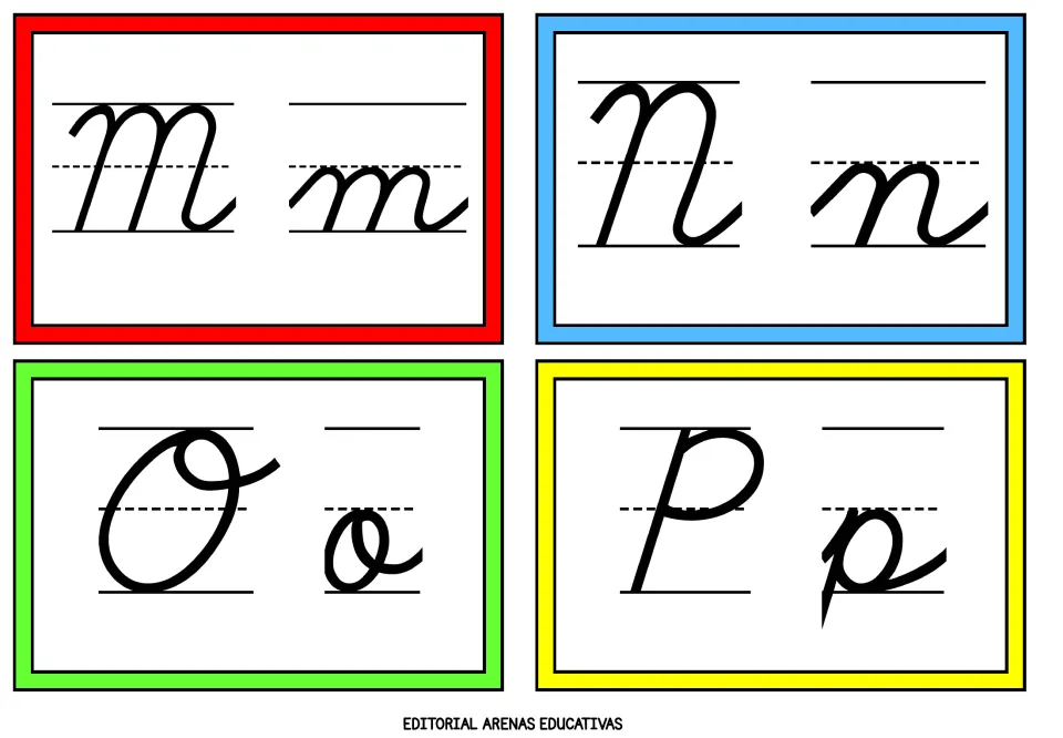 Cursive alphabet flashcards 13–16 of 26: uppercase and lowercase M, N, O, and P for writing reference