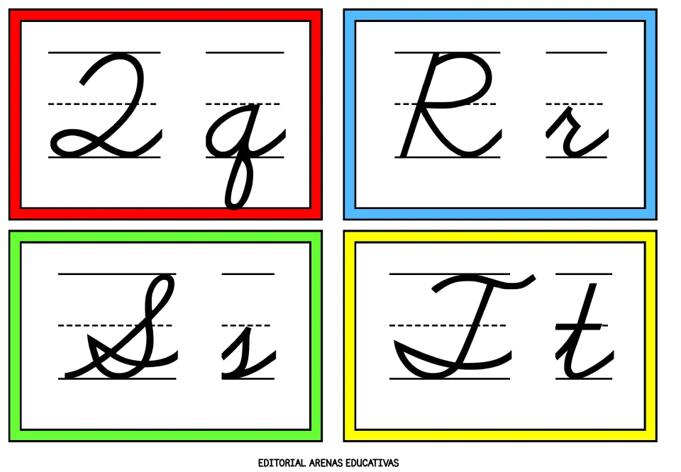 Cursive alphabet flashcards 17–20 of 26: uppercase and lowercase Q, R, S, and T for writing reference
