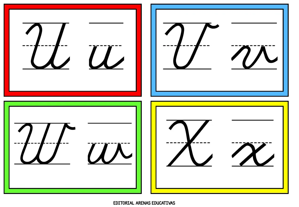 Cursive alphabet flashcards 21–24 of 26: uppercase and lowercase U, V, W, and X for writing reference