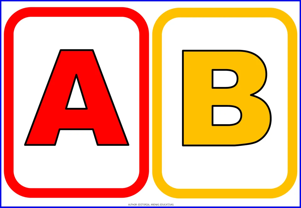 Uppercase alphabet flashcards A and B, the first two cards in the letter set, shown in red and gold