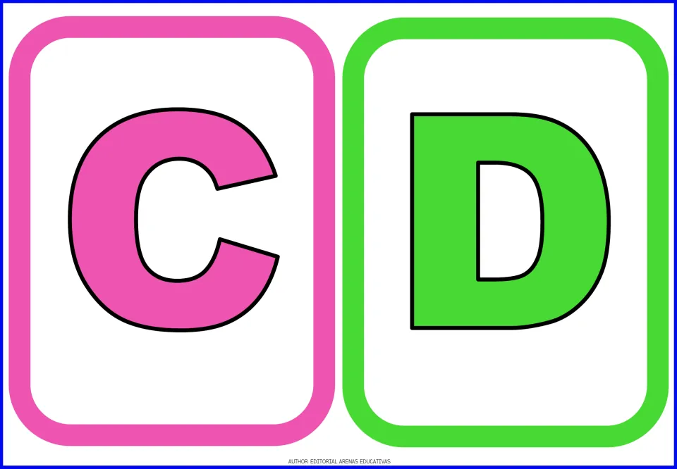 Uppercase alphabet flashcards C and D, cards 3–4 in the letter set, shown in pink and green for letter learning