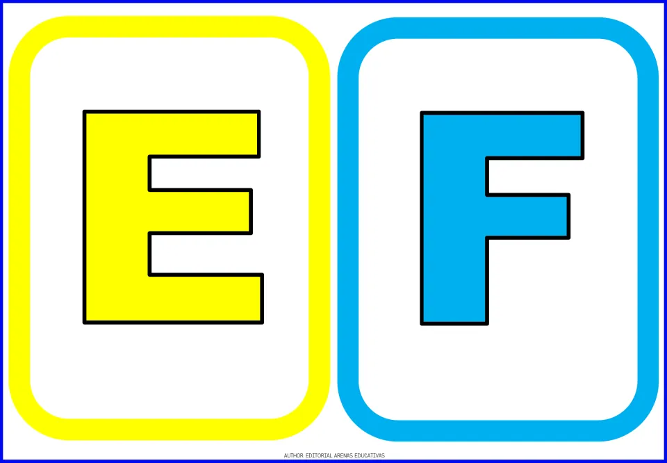 Uppercase alphabet flashcards E and F, cards 5–6 in the letter set, shown in yellow and blue for letter learning