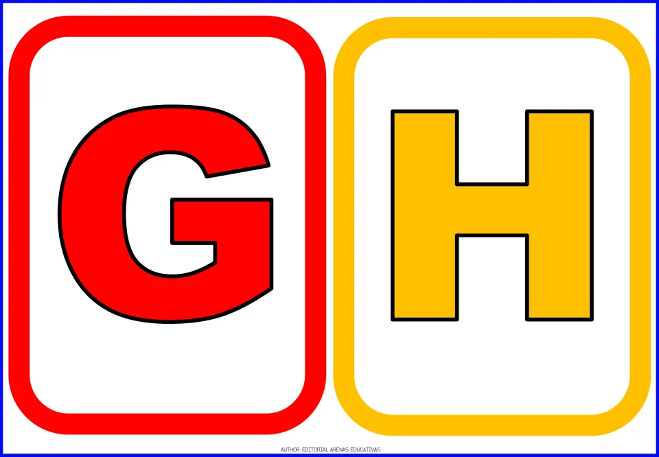 Uppercase alphabet flashcards G and H, cards 7–8 in the letter set, shown in red and gold for letter learning