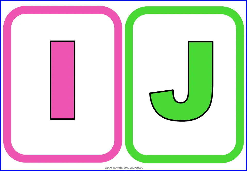 Uppercase alphabet flashcards I and J, cards 9–10 in the letter set, shown in pink and green for letter learning