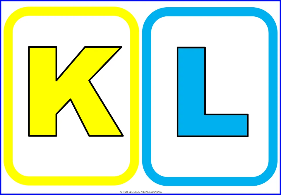 Uppercase alphabet flashcards K and L, cards 11–12 in the letter set, shown in yellow and blue for letter learning