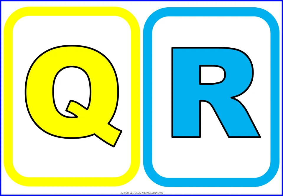 Uppercase alphabet flashcards Q and R, cards 17–18 in the letter set, shown in yellow and blue for letter learning
