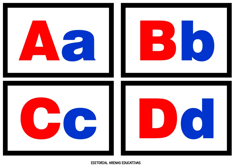 Alphabet flashcards 1–4 of 26: Aa, Bb, Cc, and Dd, pairing red uppercase letters with blue lowercase letters
