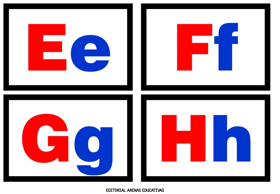 Alphabet flashcards 5–8 of 26: Ee, Ff, Gg, and Hh, pairing red uppercase letters with blue lowercase letters