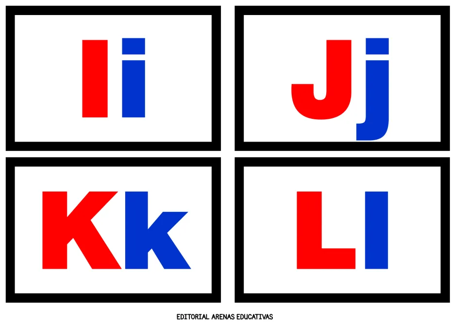 Alphabet flashcards 9–12 of 26: Ii, Jj, Kk, and Ll, pairing red uppercase letters with blue lowercase letters