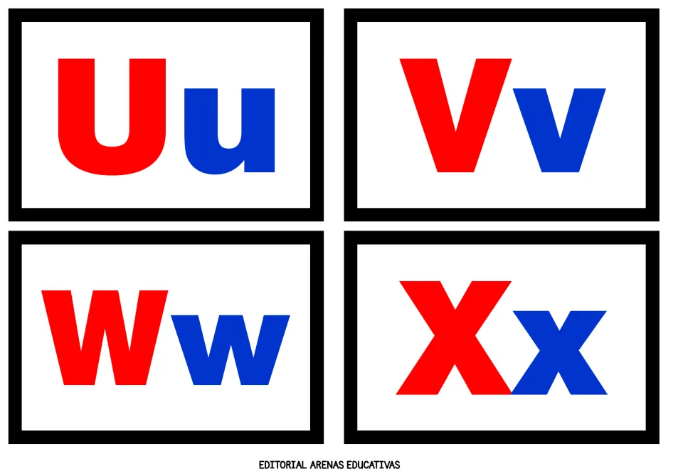 Alphabet flashcards 21–24 of 26: Uu, Vv, Ww, and Xx, pairing red uppercase letters with blue lowercase letters