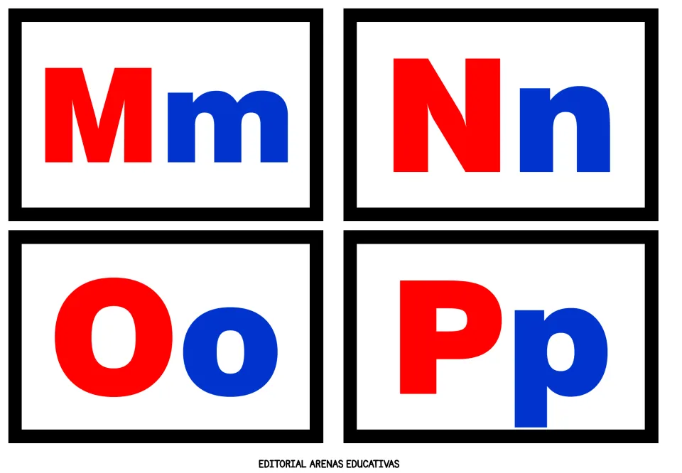 Letter cards Mm, Nn, Oo and Pp pairing red capital letters with blue lowercase letters for alphabet recognition practice