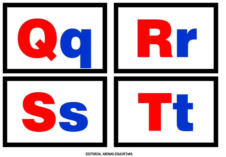 Letter cards Qq, Rr, Ss and Tt: red uppercase and blue lowercase letters for students to name and match by letter case