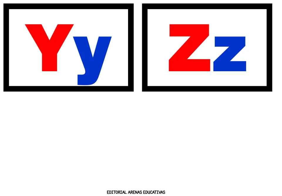 Final letter cards Yy and Zz, a red uppercase and blue lowercase letter on each, completing the alphabet card set
