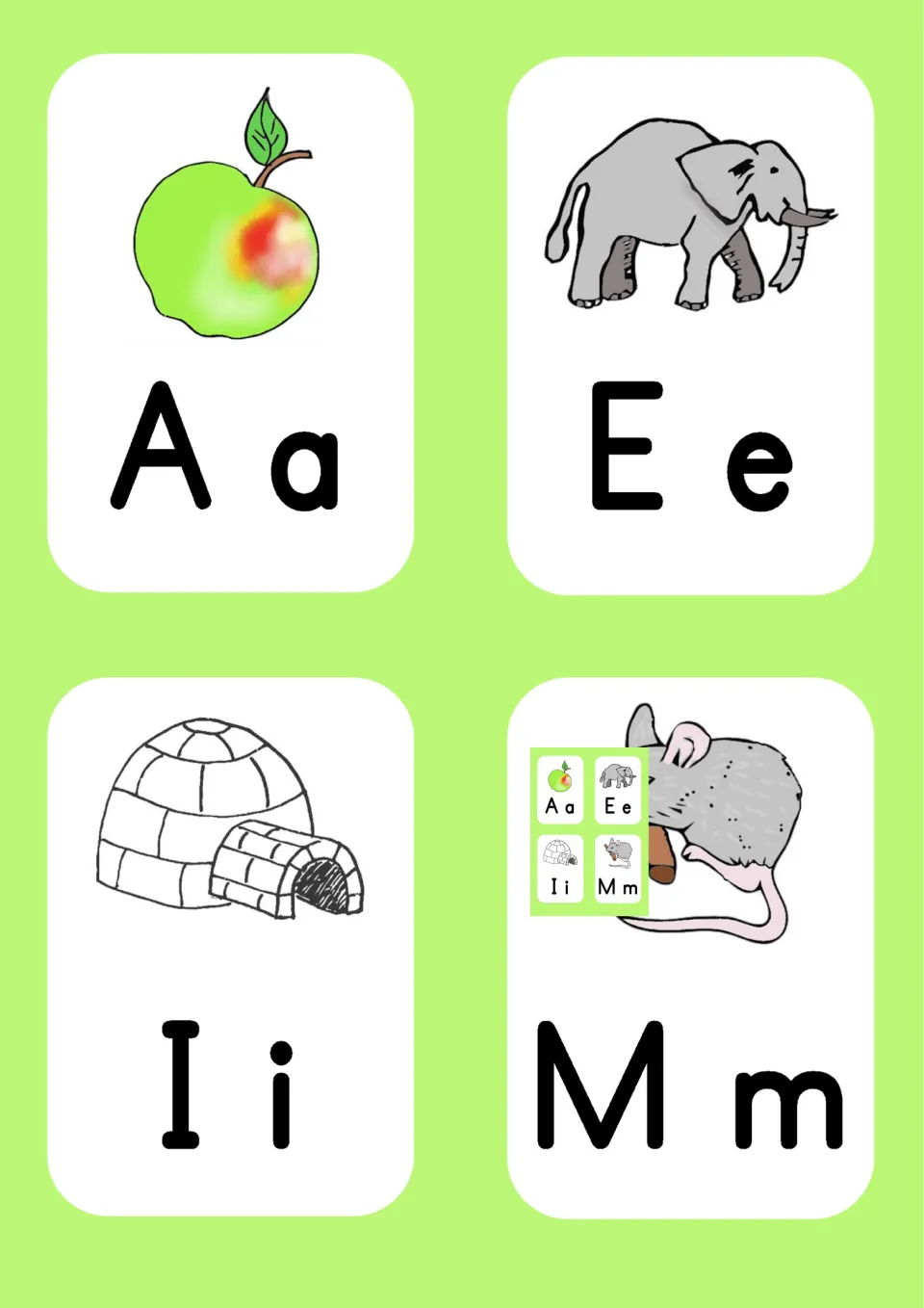 Vowel and M picture cards: Aa apple, Ee elephant, Ii igloo, Mm mouse, with a small preview of the set over the mouse