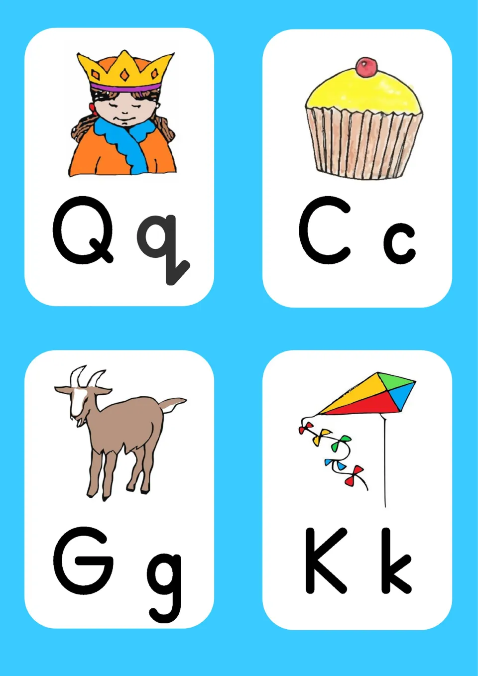 Letter cards Qq queen, Cc cupcake, Gg goat and Kk kite: students match each letter pair to its picture's first sound
