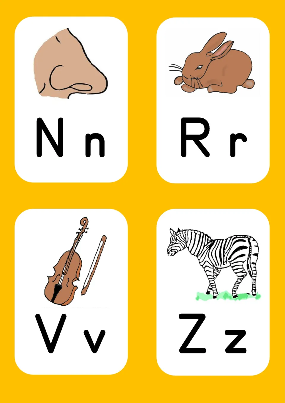 Letter cards Nn nose, Rr rabbit, Vv violin and Zz zebra, each showing upper and lowercase letters under a picture