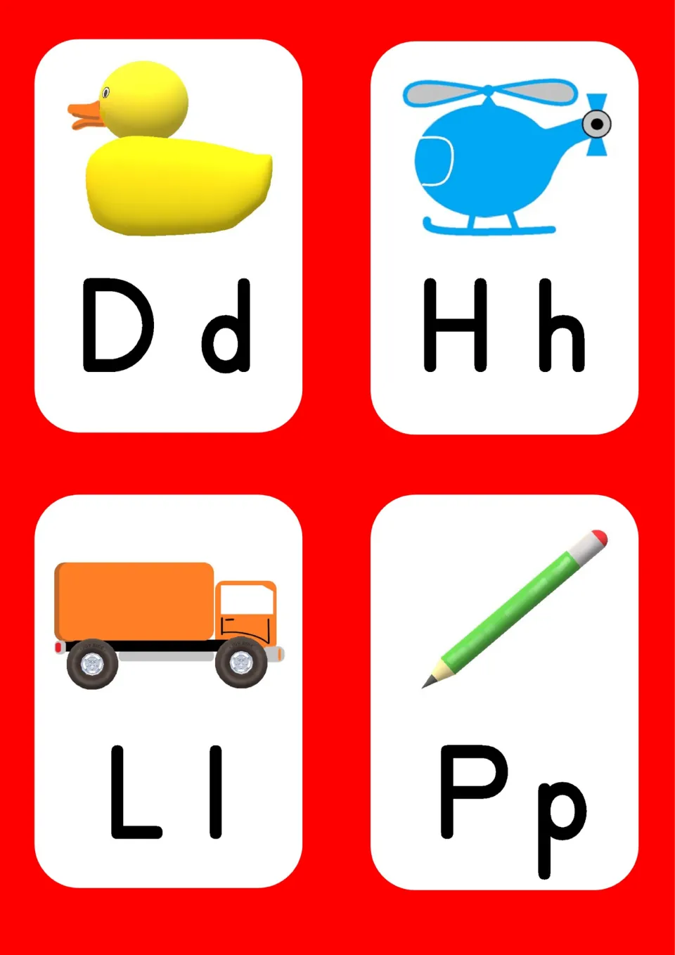 Alternate letter cards Dd duck, Hh helicopter, Ll lorry and Pp pencil pairing each letter with a vehicle or object
