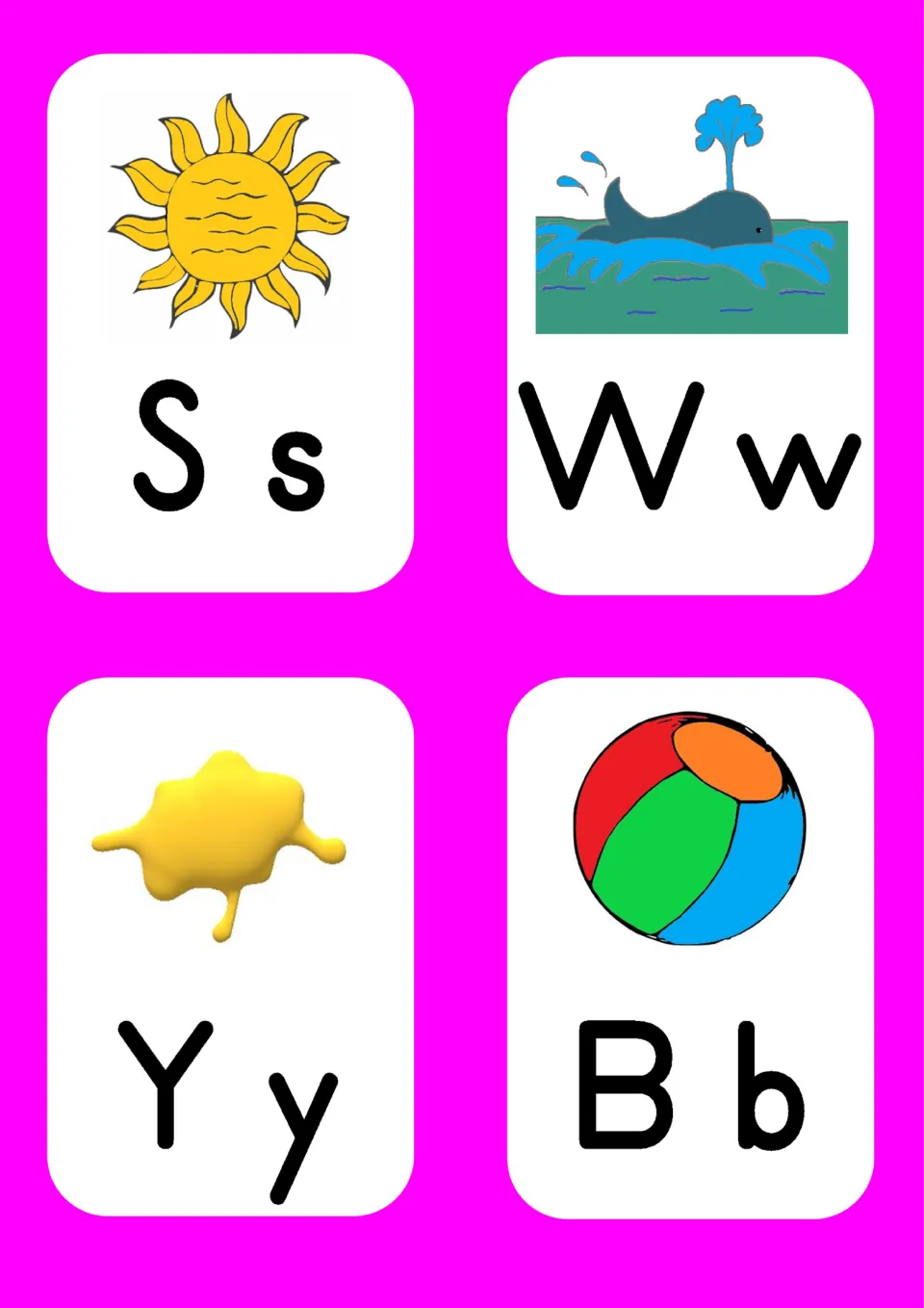 Letter cards Ss sun, Ww whale, Yy yellow paint splat and Bb ball linking each upper and lowercase letter to a sound