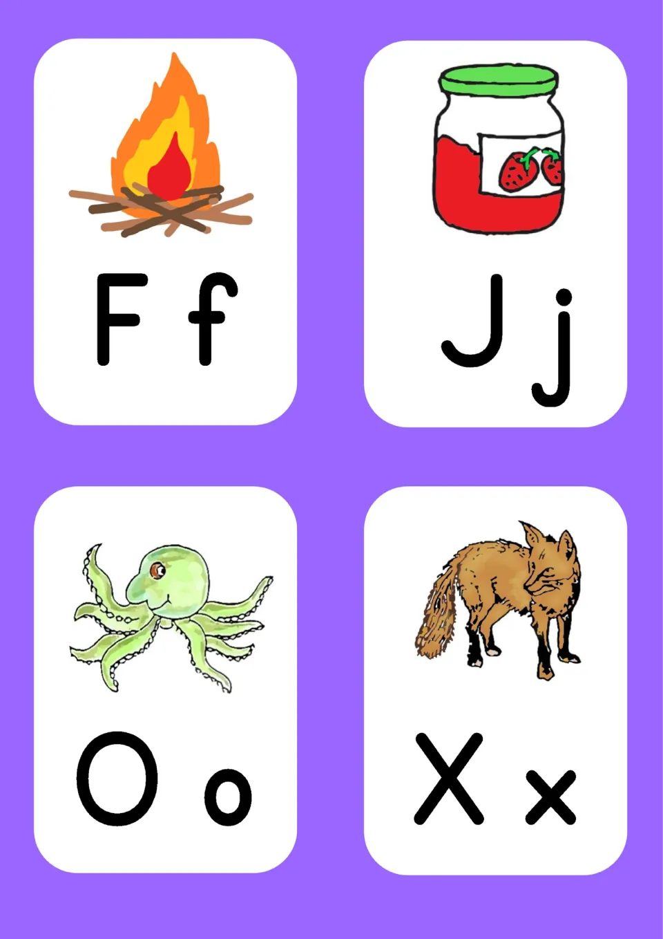 Letter cards Ff fire, Jj jam, Oo octopus and Xx fox, where the fox shows the x sound heard at the end of the word