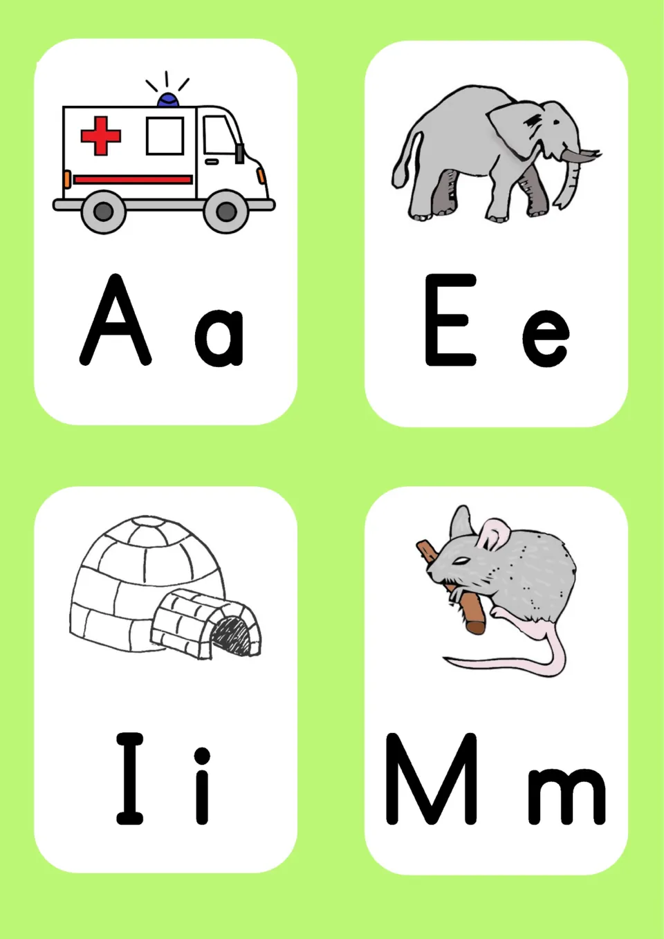 Alphabet flashcards A a, E e, I i and M m show ambulance, elephant, igloo and mouse as picture cues.