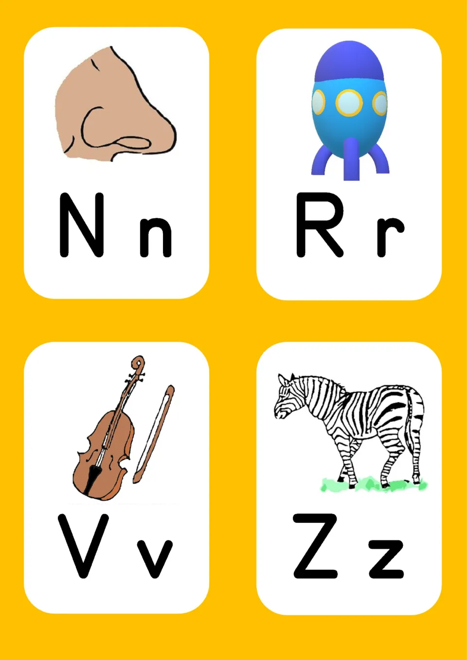 Alphabet flashcards N n, R r, V v and Z z show nose, rocket, violin and zebra, including an alternate R picture.