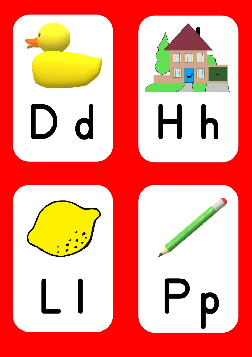 Alphabet flashcards D d, H h, L l and P p pair uppercase and lowercase letters with duck, house, lemon and pencil.