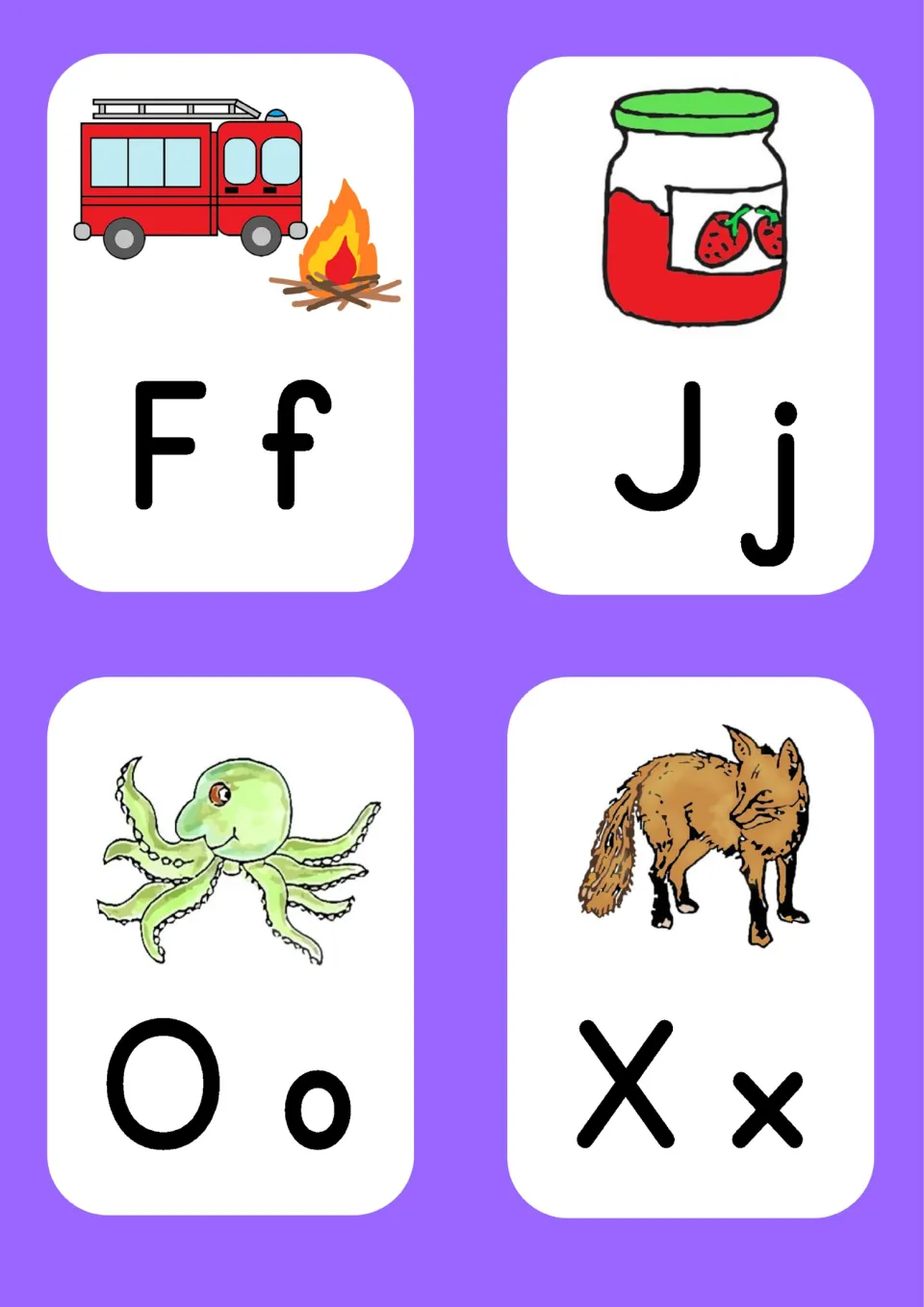 Alphabet flashcards F f, J j, O o and X x show a fire engine beside fire, a jam jar, an octopus and a fox.
