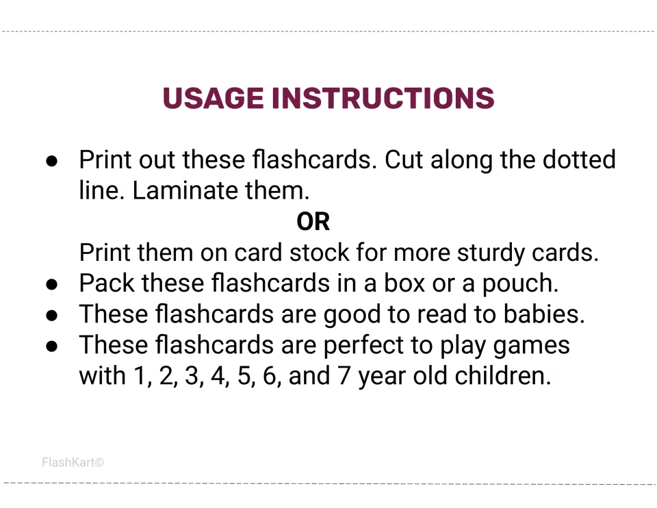 Usage instructions: print, cut on the dotted line and laminate or use card stock, then store cards in a box or pouch