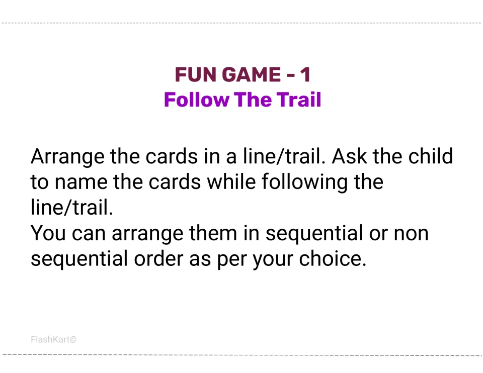 Follow The Trail game: children name each letter card while following a line of cards set in sequential or mixed order