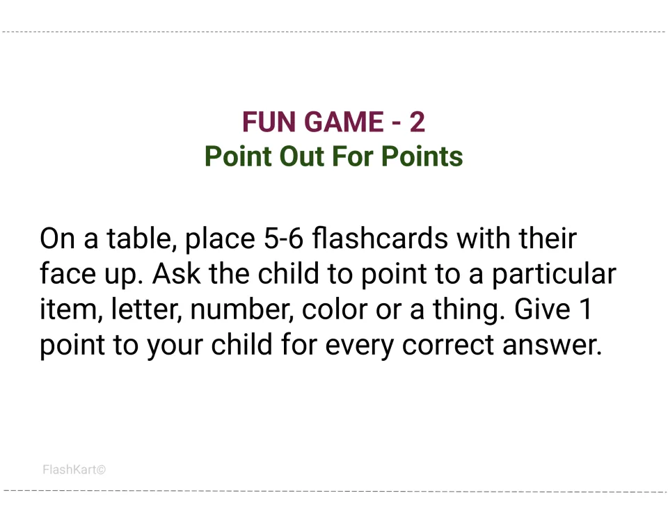 Point Out For Points game: children point to a named letter or item among 5-6 face-up cards and earn a point each time