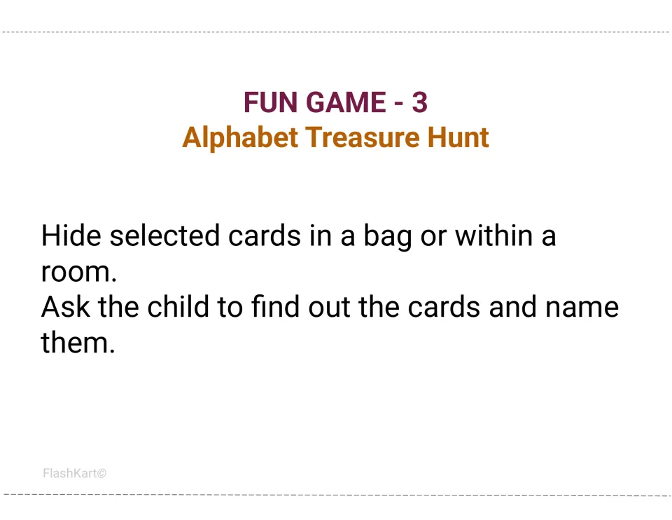 Alphabet Treasure Hunt game: hide letter cards in a bag or around the room, then children find and name each one
