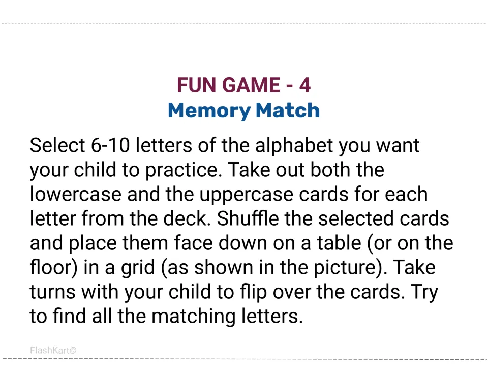 Memory Match game: children flip face-down uppercase and lowercase cards for 6-10 chosen letters to find matching pairs